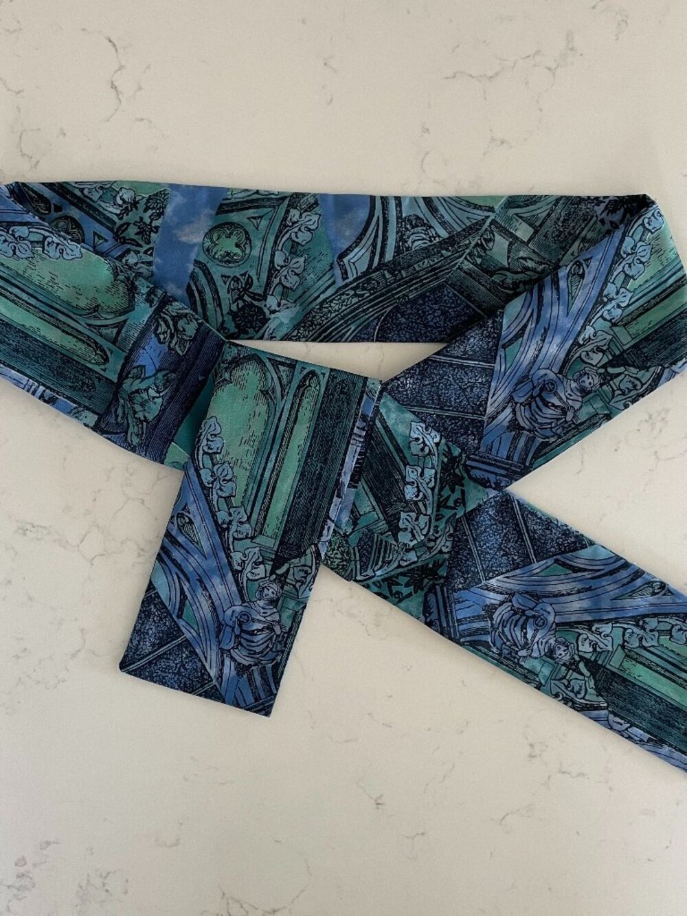 Hand Crafted Fabric Castle Print 60"L x 3.5"W Belt/Sash Green Blue Blk Sz OS